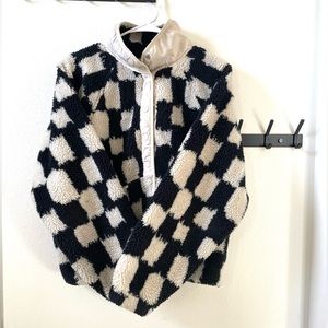 Free people fp movement checkered Sherpa fleece jacket coat black/white small